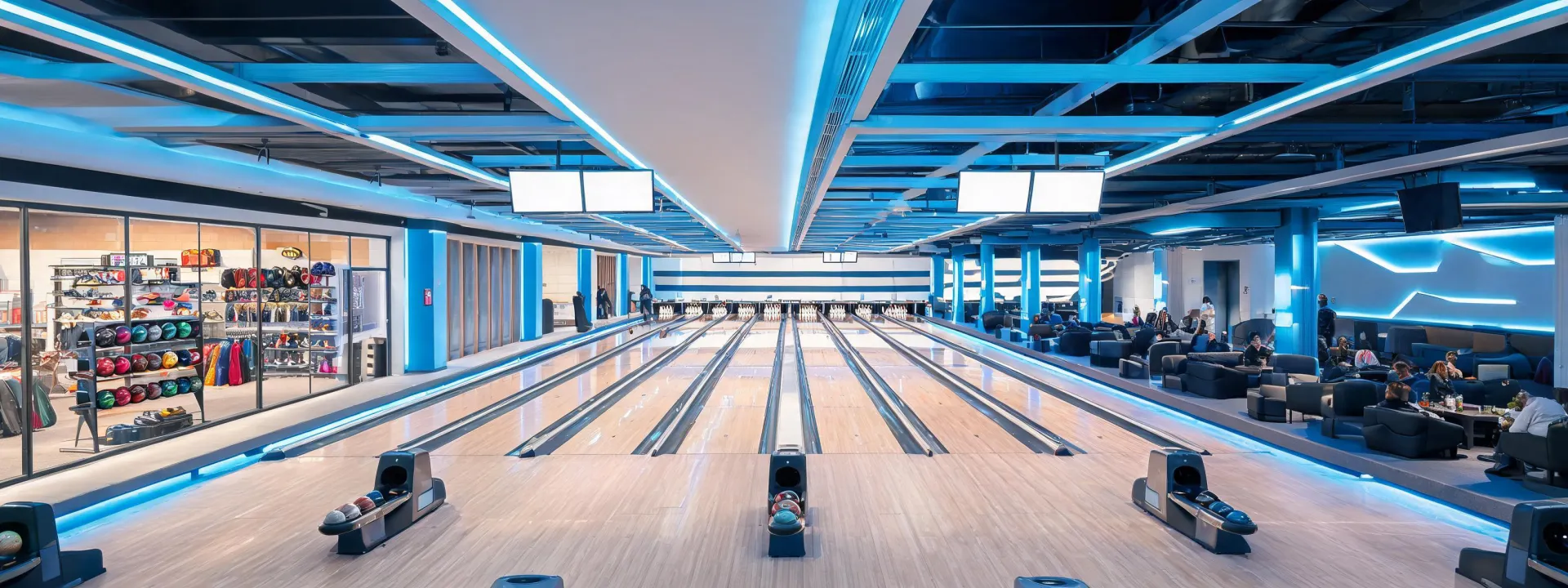 Modern bowling center across multiple venue zones